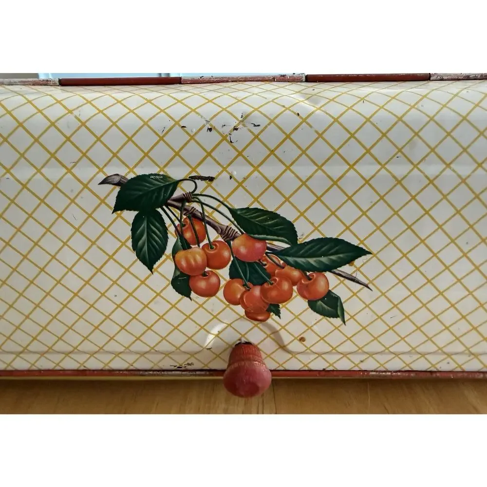 Vintage‎ Decoware Metal Bread Box w/Yellow Lattice Pattern W/Cherry motif